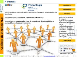 A empresa
                                                                                                                                                     Consultoria

                                                                                                                                                    Treinamento
                          Somos uma empresa que cria soluções utilizando inovação, sustentabilidade e
                          tecnologia.                                                                                                                 Mentoring

                          Nossos serviços: Consultoria, Treinamento e Mentoring                                                            Mentoring em Análise
Analista de Negócio 3.0




                                                                                                                                           de Negócio
                          Nossos Valores: colaboração, troca de experiência, debate de ideias e                                            Implantação de BMO
                          compartilhamento de conhecimento.                                                                                (Bussiness Management
                                                                                                                                           Office)
                                                                                                                                           Implantação do papel
                                                                                                                                           Analista de Negócio
                                                                                                                                           Consultoria em Análise
                                                                                                                                           de Negócio
                                                                                                                                           Capacitação em Análise
                                                                                                                                           de Negócio (Fundamentos
                                                                                                                                           e Avançada)

                                                                                                                                                    Comunidade




                                                                                                                                              etecnologia.ning.com
                          AN V 3.0 [54]   | Rildo F Santos | (@rildosan) | rildo.santos@etecnologia.com.br | www.etecnologia.com.br | http://etecnologia.ning.com    2
 