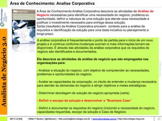 Área de Conhecimento: Analise Corporativa
                                                   A Área de Conhecimento Análise Corporativa descreve as atividades de Análise de
                                                   Negócio necessárias para identificar uma necessidade do negócio, problema ou
                                                   oportunidade, definir a natureza de uma solução que atende essa necessidade e
                                                   justificar o investimento necessário para entrega dessa solução.
                                                   Saída (resultado) da Análise Corporativa proveem contexto para a análise de
                                                   requisitos e identificação da solução para uma dada iniciativa ou planejamento a
                                                   longo prazo.
Analista de Negócio 3.0




                                                   A análise corporativa é frequentemente o ponto de partida para o inicio de um novo
                                                   projeto e é contínua conforme mudanças ocorram e mais informações tornem-se
                                                   disponíveis. É através das atividades da análise corporativa que os requisitos do
                                                   negócio são identificados e documentados.

                                                   Ela descreve as atividades de análise de negócio que são empregadas nas
                                                   organizações para:

                                                   - Analisar a situação do negócio, com objetivo de compreender as necessidades,
                                                   problemas e oportunidades do negócio.

                                                   - Avaliar as capacidades da corporação, no intuito de entender a mudança necessária
                                                   para atender as demandas do negócio e atingir objetivos e metas estratégicas.

                                                   - Determinar abordagem de solução de negócio apropriada (certa)

                                                   - Definir o escopo da solução e desenvolver o "Business Case“

                                                   - Definir e documentar os requisitos do negócio (incluindo a necessidade do negócio,
                                                   capacidades requeridas, escopo da solução e Caso de Negócio.

                          AN V 3.0 [54]   | Rildo F Santos | (@rildosan) | rildo.santos@etecnologia.com.br | www.etecnologia.com.br | http://etecnologia.ning.com   22
 