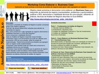 Workshop Como Elaborar o Business Case
                                          Aplicando as boas práticas e técnicas de análise de negócio para gerar valor agregado ao negócio
                                                                 Objetivo deste workshop é demonstrar como elaborar um Business Case para
                                                                 responder as demanda de negócio (necessidades, problemas e oportunidades),
                                                                 justificar o ROI, demonstrar a viabilidade técnicas de uma solução, utilizando as
                                                                 práticas, técnicas de Análise de Negócio descritas no Guia BABok.
                                                                 http://www.etecnologia.com.br/ws_anbc_info.html
                                                                                                    Conteúdo (resumido):
Analista de Negócio 3.0




                          Descrição:
                          O principal o propósito do Analista de Negócio é ajudar a empresa
                          atingir suas metas e objetivos.                                           Parte 1 – Fundamentos da Análise de Negócio:
                          Para isto, ele deverá desenvolver soluções para atender as                1.1 Revisão Geral do BABok 2.0
                          demandas de negócio.                                                      1.2 Entendendo o Business Case
                          Mas, como comprovar o valor agregado ao negócio (demonstrar a             1.3 Analise de Viabilidade Financeira e Tipo de Investimentos
                          viabilidade financeira e o ROI) das soluções?                             1.4 Análise de Viabilidade Técnica
                          Como comprovar a viabilidade técnica?
                          Objetivo:                                                                 Exercícios e Exemplos
                          Cabe ao Analista de Negócio responder essas dúvidas.
                          O Business Case é uma ferramenta que pode ser utilizada para              Parte 2 – Como Elaborar um Business Business Case:
                          demonstrar o ROI de uma solução, antes do projeto de                      2.1 – Tutorial Business Case
                          implementação. “Desta forma somente as soluções que agregam               Será desenvolvido um Business Case com orientação do Instrutor no
                          valor ao negócio serão implementadas”                                     formato de tutorial para fixação dos conceitos, aplicações das
                          O Business Case também pode ser usado para comprovar a                    técnicas e práticas de análise de negócio.
                          viabilidade técnica de uma solução.                                       2.2 Estudo de Caso: Desenvolvendo Business Case baseado nas
                          O Business Case também possibilita que os gestores de negócio             práticas e técnicas do Guia BABok
                          tomem decisão a partir de dados e informações concretas.
                          Neste workshop será apresentado como construir Business Case              2.2 Estudo de Caso: Desenvolvendo Business Case baseado nas
                          utilizando as práticas e técnicas de análise de negócio.                  práticas e técnicas do Guia BABok
                                                                                                    - Apresentação do Business Case:
                           Extras:                                                                  O estudo de caso é Business Case e um conjunto de exercícios
                           - Modelo de Business Case                                                práticos que tem como objetivo, demonstrar as práticas de Análise de
                           - The Canvas of Business Case (Modelo de Caso de Negócio)                Negócio, aplicação das técnicas, regras e ferramentas.
                                                                                                    O estudo de caso tem como entrega o Business Case.
                          http://www.etecnologia.com.br/ws_anbc_info.html                           - Elaboração do Business Case
                                                                                                    - Apresentação do Business Case
                               Faça sua inscrição                                                   - Lições Aprendidas
                                                                    Veja mais detalhes

                          AN V 3.0 [54]     | Rildo F Santos | (@rildosan) | rildo.santos@etecnologia.com.br | www.etecnologia.com.br | http://etecnologia.ning.com        38
 