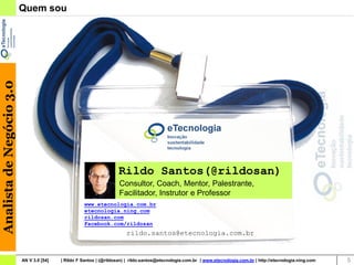Analista de Negócio 3.0   Quem sou




                                                                    Rildo Santos(@rildosan)
                                                                     Consultor, Coach, Mentor, Palestrante,
                                                                     Facilitador, Instrutor e Professor
                                                    www.etecnologia.com.br
                                                    etecnologia.ning.com
                                                    rildosan.com
                                                    Facebook.com/rildosan
                                                                        rildo.santos@etecnologia.com.br


                          AN V 3.0 [54]   | Rildo F Santos | (@rildosan) | rildo.santos@etecnologia.com.br | www.etecnologia.com.br | http://etecnologia.ning.com   5
 