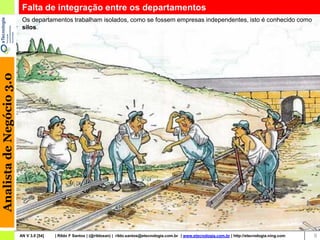 Falta de integração entre os departamentos
                           Os departamentos trabalham isolados, como se fossem empresas independentes, isto é conhecido como
                           silos.
Analista de Negócio 3.0




                                                                                                                                                                    9
                          AN V 3.0 [54]   | Rildo F Santos | (@rildosan) | rildo.santos@etecnologia.com.br | www.etecnologia.com.br | http://etecnologia.ning.com       9
 
