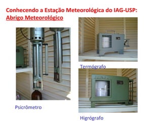 Conhecendo a Estação Meteorológica do IAG-USP: 
Abrigo Meteorológico 
Psicrômetro 
Termógrafo 
Higrógrafo 
 