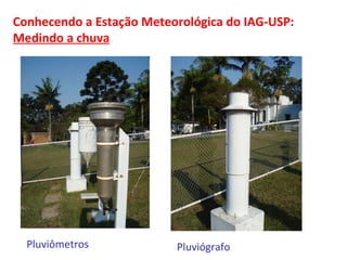 Conhecendo a Estação Meteorológica do IAG-USP: 
Medindo a chuva 
Pluviômetros Pluviógrafo 
 