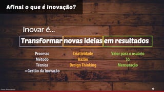 10
Inovar é...
Afinal o que é Inovação?
Transformar novas ideias em resultados
Fonte: Innoscience
 