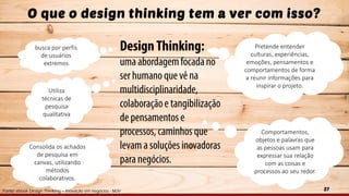 27
O que o design thinking tem a ver com isso?
Pretende entender
culturas, experiências,
emoções, pensamentos e
comportamentos de forma
a reunir informações para
inspirar o projeto.
busca por perfis
de usuários
extremos
Utiliza
técnicas de
pesquisa
qualitativa
Consolida os achados
de pesquisa em
canvas, utilizando
métodos
colaborativos.
Comportamentos,
objetos e palavras que
as pessoas usam para
expressar sua relação
com as coisas e
processos ao seu redor.
Fonte: ebook Design Thinking – Inovação em negócios - MJV
 