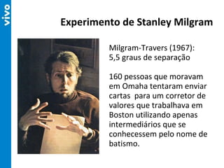 Milgram-Travers (1967):  5,5 graus de separação 160 pessoas que moravam em Omaha tentaram enviar cartas  para um corretor de valores que trabalhava em Boston utilizando apenas intermediários que se conhecessem pelo nome de batismo.  Experimento de Stanley Milgram 