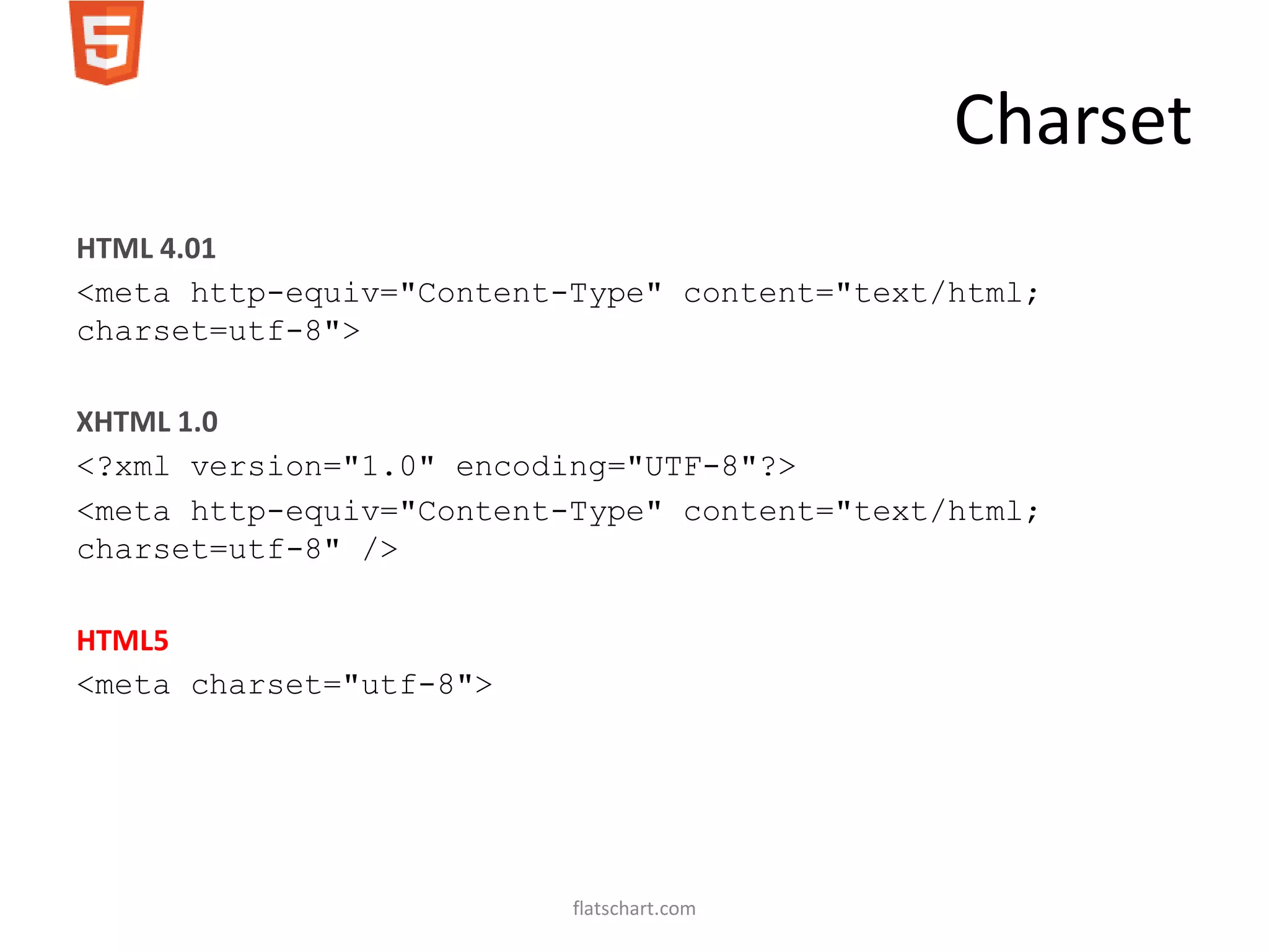 Charset
HTML 4.01
<meta http-equiv="Content-Type" content="text/html;
charset=utf-8">

XHTML 1.0
<?xml version="1.0" encoding="UTF-8"?>
<meta http-equiv="Content-Type" content="text/html;
charset=utf-8" />

HTML5
<meta charset="utf-8">




                          flatschart.com
 