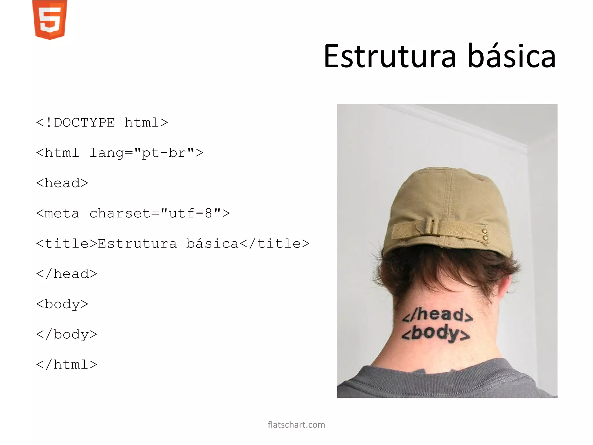 Estrutura básica
<!DOCTYPE html>

<html lang="pt-br">

<head>

<meta charset="utf-8">

<title>Estrutura básica</title>

</head>

<body>

</body>

</html>


                          flatschart.com
 
