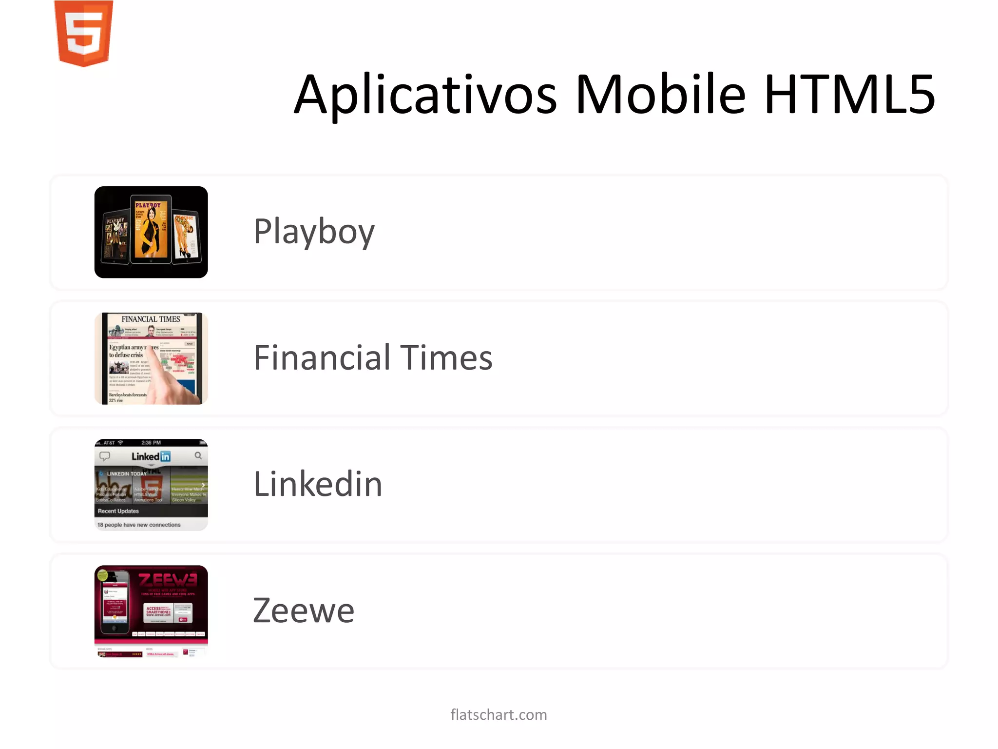 Aplicativos Mobile HTML5

Playboy


Financial Times


Linkedin


Zeewe

            flatschart.com
 