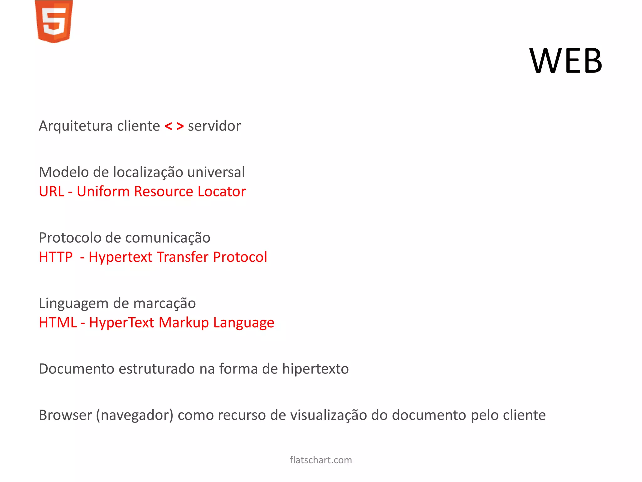 WEB
Arquitetura cliente < > servidor

Modelo de localização universal
URL - Uniform Resource Locator

Protocolo de comunicação
HTTP - Hypertext Transfer Protocol

Linguagem de marcação
HTML - HyperText Markup Language

Documento estruturado na forma de hipertexto

Browser (navegador) como recurso de visualização do documento pelo cliente

                                     flatschart.com
 