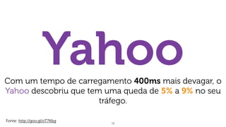 12
Fonte: http://goo.gl/oT7Kbg
YahooCom um tempo de carregamento 400ms mais devagar, o
Yahoo descobriu que tem uma queda de 5% a 9% no seu
tráfego.
 