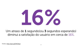 9
16%Um atraso de 1 segundo(ou 3 segundos esperando)
diminui a satisfação do usuário em cerca de 16%.
Fonte: http://goo.gl/DAOkye
 