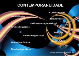 http://www.fractaldomains.com/gallery/index.html
CONTEMPORANEIDADECONTEMPORANEIDADE
Sistêmico ou organizacional
Ambivalências
Recursividade
Auto-eco-organização
Dialógica
(Re)introdução
COMPLEXIDADE
Diferentes linguagens
Diversidade Cultural
Pluralidade de ideias
 