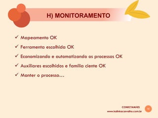32
H) MONITORAMENTO
ü  Mapeamento OK
ü  Ferramenta escolhida OK
ü  Economizando e automatizando os processos OK
ü  Auxiliares escolhidos e família ciente OK
ü  Manter o processo…
www.kalinkacarvalho.com.br
CONECTAMĀES
 
