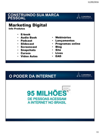 11/09/2016
11
Marketing Digital
Info Produtos
• E-book
• Audio Book
• Podcast
• Slidecast
• Screencast
• Snapchats
• Cursos
• Vídeo Aulas
• Webinários
• Lançamentos
• Programas online
• Blog
• Site
• Lives
• EAD
CONSTRUINDO SUA MARCA
PESSOAL
O PODER DA INTERNET
 
