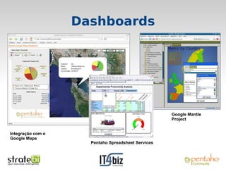 Dashboards




                                                    Google Mantle
                                                    Project


Integração com o
Google Maps
                     Pentaho Spreadsheet Services
 