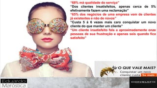 “68% má qualidade do serviço”
“Dos clientes insatisfeitos, apenas cerca de 5%
efetivamente fazem uma reclamação”
“65% dos negócios de uma empresa vem de clientes
já existentes e não de novos”
“Custa 5 à 6 vezes mais caro conquistar um novo
cliente do que manter um cliente”
“Um cliente insatisfeito fala a aproximadamente onze
pessoas de sua frustração e apenas seis quando fica
satisfeito”
 