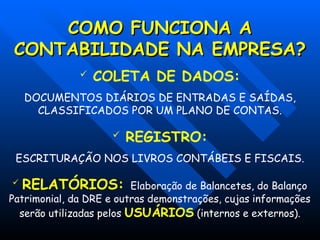 COMO FUNCIONA A
COMO FUNCIONA A
CONTABILIDADE NA EMPRESA?
CONTABILIDADE NA EMPRESA?
 COLETA DE DADOS:
DOCUMENTOS DIÁRIOS DE ENTRADAS E SAÍDAS,
CLASSIFICADOS POR UM PLANO DE CONTAS.
 REGISTRO:
ESCRITURAÇÃO NOS LIVROS CONTÁBEIS E FISCAIS.
 RELATÓRIOS: Elaboração de Balancetes, do Balanço
Patrimonial, da DRE e outras demonstrações, cujas informações
serão utilizadas pelos USUÁRIOS (internos e externos).
 