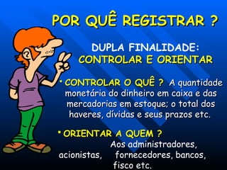 POR QUÊ REGISTRAR ?
POR QUÊ REGISTRAR ?
 CONTROLAR O QUÊ ?
CONTROLAR O QUÊ ? A quantidade
A quantidade
monetária do dinheiro em caixa e das
monetária do dinheiro em caixa e das
mercadorias em estoque; o total dos
mercadorias em estoque; o total dos
haveres, dívidas e seus prazos etc.
haveres, dívidas e seus prazos etc.
 ORIENTAR A QUEM ?
ORIENTAR A QUEM ?
Aos administradores,
acionistas, fornecedores, bancos,
fisco etc.
DUPLA FINALIDADE:
CONTROLAR E ORIENTAR
CONTROLAR E ORIENTAR
 