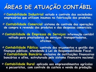 ÁREAS DE ATUAÇÃO CONTÁBIL
ÁREAS DE ATUAÇÃO CONTÁBIL
Contabilidade Industrial: estudo e controle das sociedades
empresárias que utilizam insumos na fabricação dos produtos.
Contabilidade Comercial: sistema de controle das operações
de compra e revenda dos produtos e das despesas comerciais.
Contabilidade de Empresas de Serviços: informação contábil
voltado para prestadoras de serviços: transportadoras,
oficinas...
Contabilidade Pública: controle dos orçamentos e gestão das
finanças públicas, atendendo à Lei de Responsabilidade Fiscal.
Contabilidade Bancária: exclusiva de instituições financeiras
bancárias e afins, estruturada pelo sistema financeiro nacional.
Contabilidade Rural: aplicada aos empreendimentos agrícolas
e pecuaristas, com controle do custeio e venda da produção.
 