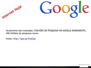 Internet Hoje
Atualmente são realizadas 3 BILHÕES DE PESQUISAS NO GOOGLE DIARIAMENTE,
450 milhões de pesquisas novas.
Fonte: http://goo.gl/PyeCg2
 