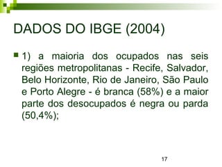 17
DADOS DO IBGE (2004)
 1) a maioria dos ocupados nas seis
regiões metropolitanas - Recife, Salvador,
Belo Horizonte, Rio de Janeiro, São Paulo
e Porto Alegre - é branca (58%) e a maior
parte dos desocupados é negra ou parda
(50,4%);
 