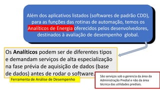 Além dos aplicativos listados (softwares de padrão CDD),
para as funções das rotinas de automação, temos os
Analíticos de Energia oferecidos pelos desenvolvedores,
destinados à avaliação de desempenho global.
Os Analíticos podem ser de diferentes tipos
e demandam serviços de alta especialização
na fase prévia de aquisição de dados (base
de dados) antes de rodar o software. São serviços sob a gerencia da área da
Administração Predial e não da área
técnica das utilidades prediais.
Ferramenta de Análise de Desempenho
 