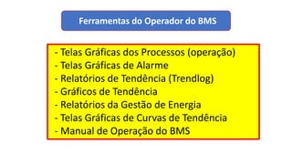 Ferramentas do Operador do BMS
- Telas Gráficas dos Processos (operação)
- Telas Gráficas de Alarme
- Relatórios de Tendência (Trendlog)
- Gráficos de Tendência
- Relatórios da Gestão de Energia
- Telas Gráficas de Curvas de Tendência
- Manual de Operação do BMS
 