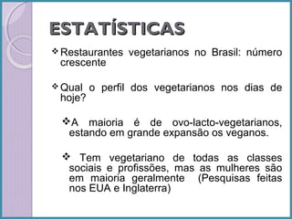 ESTATÍSTICAS
 Restaurantes

crescente

 Qual

hoje?

vegetarianos no Brasil: número

o perfil dos vegetarianos nos dias de

A maioria é de ovo-lacto-vegetarianos,
estando em grande expansão os veganos.
 Tem vegetariano de todas as classes
sociais e profissões, mas as mulheres são
em maioria geralmente (Pesquisas feitas
nos EUA e Inglaterra)

 
