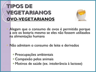 TIPOS DE
VEGETARIANOS
OVO-VEGETARIANOS
•

Alegam que o consumo de ovos é permitido porque
a ave os botaria mesmo se eles não fossem utilizados
na alimentação humana

•

Não admitem o consumo de leite e derivados
• Preocupações ambientais
• Compaixão pelos animais
• Motivos de saúde (ex. intolerância à lactose)

 