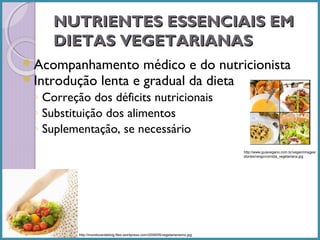 NUTRIENTES ESSENCIAIS EM
DIETAS VEGETARIANAS
Acompanhamento
Introdução lenta e

médico e do nutricionista
gradual da dieta

◦ Correção dos déficits nutricionais
◦ Substituição dos alimentos
◦ Suplementação, se necessário
http://www.guiavegano.com.br/vegan/images/
stories/rango/comida_vegetariana.jpg

http://mundoverdeblog.files.wordpress.com/2009/05/vegetarianismo.jpg

 