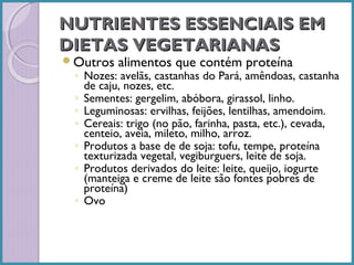NUTRIENTES ESSENCIAIS EM
DIETAS VEGETARIANAS
Outros

alimentos que contém proteína

◦ Nozes: avelãs, castanhas do Pará, amêndoas, castanha
de caju, nozes, etc.
◦ Sementes: gergelim, abóbora, girassol, linho.
◦ Leguminosas: ervilhas, feijões, lentilhas, amendoim.
◦ Cereais: trigo (no pão, farinha, pasta, etc.), cevada,
centeio, aveia, mileto, milho, arroz.
◦ Produtos a base de de soja: tofu, tempe, proteína
texturizada vegetal, vegiburguers, leite de soja.
◦ Produtos derivados do leite: leite, queijo, iogurte
(manteiga e creme de leite são fontes pobres de
proteína)
◦ Ovo

 
