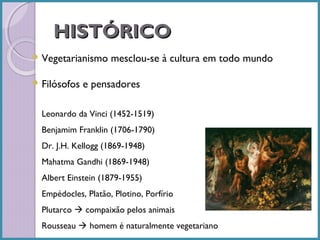 HISTÓRICO
 Vegetarianismo
 Filósofos

mesclou-se à cultura em todo mundo

e pensadores

-

Leonardo da Vinci (1452-1519)

-

Benjamim Franklin (1706-1790)

-

Dr. J.H. Kellogg (1869-1948)

-

Mahatma Gandhi (1869-1948)

-

Albert Einstein (1879-1955)

-

Empédocles, Platão, Plotino, Porfírio

-

Plutarco  compaixão pelos animais

-

Rousseau  homem é naturalmente vegetariano

 