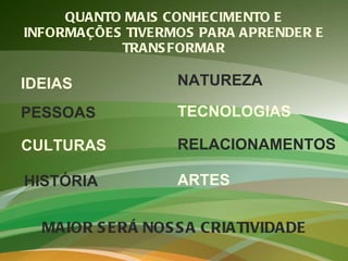 QUANTO MAIS CONHECIMENTO E INFORMAÇÕES TIVERMOS PARA APRENDER E TRANSFORMAR IDEIAS PESSOAS ARTES CULTURAS HISTÓRIA TECNOLOGIAS RELACIONAMENTOS NATUREZA MAIOR SERÁ NOSSA CRIATIVIDADE 