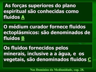 Marta/FEB 7
As forças superiores do plano
espiritual são conhecidas como
fluidos A
Os fluidos fornecidos pelos
minerais, inclusive a a água, e os
vegetais, são denominados fluidos C
O médium curador fornece fluidos
ectoplásmicos: são denominados de
fluidos B
Nos Domínios da Mediunidade, cap. 28.
 