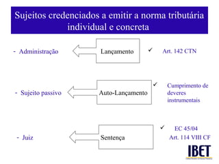 Sujeitos credenciados a emitir a norma tributária
             individual e concreta

- Administração       Lançamento          Art. 142 CTN




                                              Cumprimento de
- Sujeito passivo    Auto-Lançamento           deveres
                                               instrumentais



                                               EC 45/04
 - Juiz               Sentença                 Art. 114 VIII CF
 