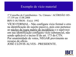 Exemplo de vício material

1º Conselho de Contribuintes / 5a. Câmara / ACÓRDÃO 105-
17.139 em 13.08.2008
IRPJ E OUTROS - Ex(s): 1992
VÍCIO FORMAL - Não configura vício formal o erro
na identificação do sujeito passivo, pois este pertence
ao núcleo da regra matriz de incidência e o equívoco
em sua identificação configura vício substancial, não
sendo aplicável o inciso II do art. 173 do CTN.
Por unanimidade de votos, NEGAR provimento ao
recurso de ofício.
JOSÉ CLÓVIS ALVES - PRESIDENTE.
 