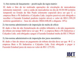 1) Ato-norma de lançamento – positivação da regra-matriz:
H: dado o fato de ter realizado operações de circulação de mercadorias
(elemento material) – com a saída de mercadorias no dia de 01/01/00 (critério
temporal) no Estado de São Paulo (elemento espacial) deve ser que C: a
empresa Bate o Pé Indústria e Calçados Ltda. (sujeito passivo) está obrigada a
recolher à Fazenda Estadual paulista (sujeito ativo) o valor de R$11.599,29
(critério quantitativo – base de cálculo: R$64.440,48 e alíquota: 18%)
2) Ato-norma administrativo de imposição de multa de ofício
H: dado o fato da não formalização do crédito tributário e do não pagamento
do tributo em tempo hábil deve ser que  C: a empresa Bate o Pé Industrias e
Calçados Ltda. está obrigada a pagar à Fazenda Estadual multa de R$ 5.799,64

3) Ato-norma administrativo de imposição dos juros moratórios
H: dado o fato do atraso no pagamento do tributo devido deve ser que  C: a
empresa Bate o Pé Industrias e Calçados Ltda. Está obrigada a pagar à
Fazenda Estadual juros de mora no valor de R$ 1.275,92.
 