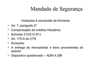 MandadMandado de Segurança
          o de segurança
        Vedações à concessão de liminares
• Art. 7, parágrafo 2º
• Compensação de créditos tributários
• Súmulas 212/213 STJ
• Art. 170-A do CTN
• Exceções
• A entrega de mercadorias e bens provenientes do
  exterior
• Dispositivo questionado – ADIN 4.296
 