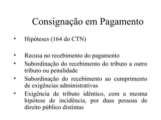 Consignação em Pagamento
•   Hipóteses (164 do CTN)

•   Recusa no recebimento do pagamento
•   Subordinação do recebimento do tributo a outro
    tributo ou penalidade
•   Subordinação do recebimento ao cumprimento
    de exigências administrativas
•   Exigência de tributo idêntico, com a mesma
    hipótese de incidência, por duas pessoas de
    direito público distintas
 