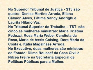 No Superior Tribunal de Justiça - STJ são
quatro: Denise Martins Arruda, Eliana
Calmon Alves, Fátima Nancy Andrighi e
Laurita Hilário Vaz.
No Tribunal Superior do Trabalho – TST são
cinco as mulheres ministras: Maria Cristina
Peduzzi, Rosa Maria Weber Candiota da
Rosa, Maria de Assis Calsing, Dora Maria da
Costa e, Kátia Magalhães Arruda.
No Executivo, duas mulheres são ministras
de Estado: Dilma Roussef da Casa Civil e
Nilcéa Freire na Secretaria Especial de
Políticas Públicas para a Mulher.
 