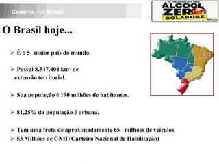 Cenário no Brasil


O Brasil hoje...
  É o 5 maior país do mundo.

  Possui 8.547.404 km² de
  extensão territorial.

  Sua população é 190 milhões de habitantes.

  81,25% da população é urbana.

  Tem uma frota de aproximadamente 65 milhões de veículos.
  53 Milhões de CNH (Carteira Nacional de Habilitação)
   APOIO:
 