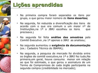 Lições aprendidasLições aprendidas
• Na primeira compra foram separados os itens por
grupo, o que gerou maior número de itens desertos;
• Na segunda, foi reduzida a diversificação dos itens de
acordo com o que era comum a um maior nº de
Instituições,na 1ª o JBRJ escolheu os itens que
precisava ;
• Na segunda foi feita análise das amostras pelo
Comitê Executivo ,na 1ª apenas o JBRJ as analisou;
• Na segunda aumentou a exigência da documentação
(ex.: Cadastro Técnico do IBAMA);
• Na segunda, a pesquisa de mercado foi dividida entre
os órgãos do comitê executivo,na 1ª o JBRJ fez tudo;Na
primeira,em geral, houve consumo menor em relação
ao que foi estimado, o que gerou a assinatura de um
Termo de Compromisso de cada órgão participante na
segunda compra (credibilidade no mercado);
 