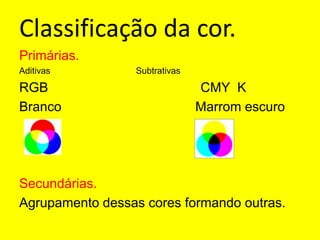 Classificação da cor.Primárias.                                    Aditivas                                   SubtrativasRGB                                         CMY  K   Branco                                    Marrom escuroSecundárias.Agrupamento dessas cores formando outras.