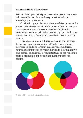  


    Sistema aditivo e subtrativo 
    Existem dois tipos principais de cores: o grupo composto 
    pelo vermelho, verde e azul e o grupo formado por 
    amarelo, ciano e magenta. 
         O primeiro grupo forma o sistema aditivo de cores. Ao 
    juntar três círculos, um vermelho, um verde e um azul, as 
    cores secundárias geradas em suas interseções são 
    exatamente as cores primárias do outro grupo citado e no 
    ponto em que as três cores se encontram forma‐se a cor 
    branca. 
         Fazendo‐se o mesmo diagrama só que com as cores 
    do outro grupo, o sistema subtrativo de cores, em suas 
    interseções, onde se formam suas cores secundarias, 
    estarão exatamente as cores primarias do sistema aditivo 
    e no centro, onde as três ores subtrativas se sobrepõem, o 
    preto é produzido por não deixar que nenhuma luz 
    escape. 




     
                                                               
    Sistema aditivo e subtrativo, respectivamente. 




     
                                                              6 
 