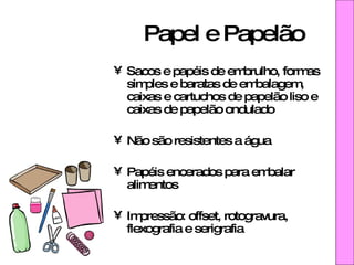 Papel e Papelão Sacos e papéis de embrulho, formas simples e baratas de embalagem, caixas e cartuchos de papelão liso e caixas de papelão ondulado Não são resistentes a água Papéis encerados para embalar alimentos Impressão: offset, rotogravura, flexografia e serigrafia 