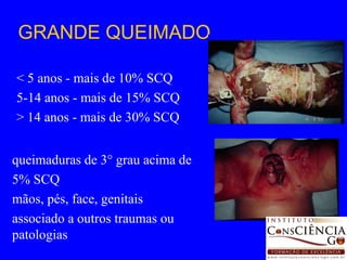 < 5 anos - mais de 10% SCQ 5-14 anos - mais de 15% SCQ > 14 anos - mais de 30% SCQ GRANDE QUEIMADO queimaduras de 3° grau acima de 5% SCQ mãos, pés, face, genitais associado a outros traumas ou patologias 