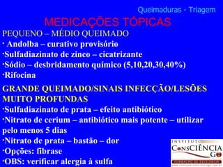 PEQUENO – MÉDIO QUEIMADO Andolba – curativo provisório Sulfadiazinato de zinco – cicatrizante Sódio – desbridamento químico (5,10,20,30,40%) Rifocina GRANDE QUEIMADO/SINAIS INFECÇÃO/LESÕES MUITO PROFUNDAS Sulfadiazinato de prata – efeito antibiótico Nitrato de cerium – antibiótico mais potente – utilizar pelo menos 5 dias Nitrato de prata – bastão – dor Opções: fibrase OBS: verificar alergia à sulfa MEDICAÇÕES TÓPICAS Queimaduras - Triagem 