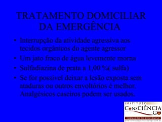 TRATAMENTO DOMICILIAR DA EMERGÊNCIA  Interrupção da atividade agressiva aos tecidos orgânicos do agente agressor Um jato fraco de água levemente morna Sulfadiazina de prata a 1,00 %( sulfa) Se for possível deixar a lesão exposta sem ataduras ou outros envoltórios é melhor. Analgésicos caseiros podem ser usados.  