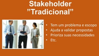 Stakeholder
”Tradicional”
• Tem um problema e escopo
• Ajuda a validar propostas
• Prioriza suas necessidades
• Etc.
 